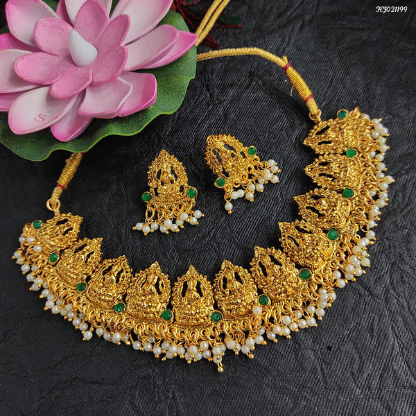 Raj Creations Gold Plated Pota Stone Temple Design Necklace Set