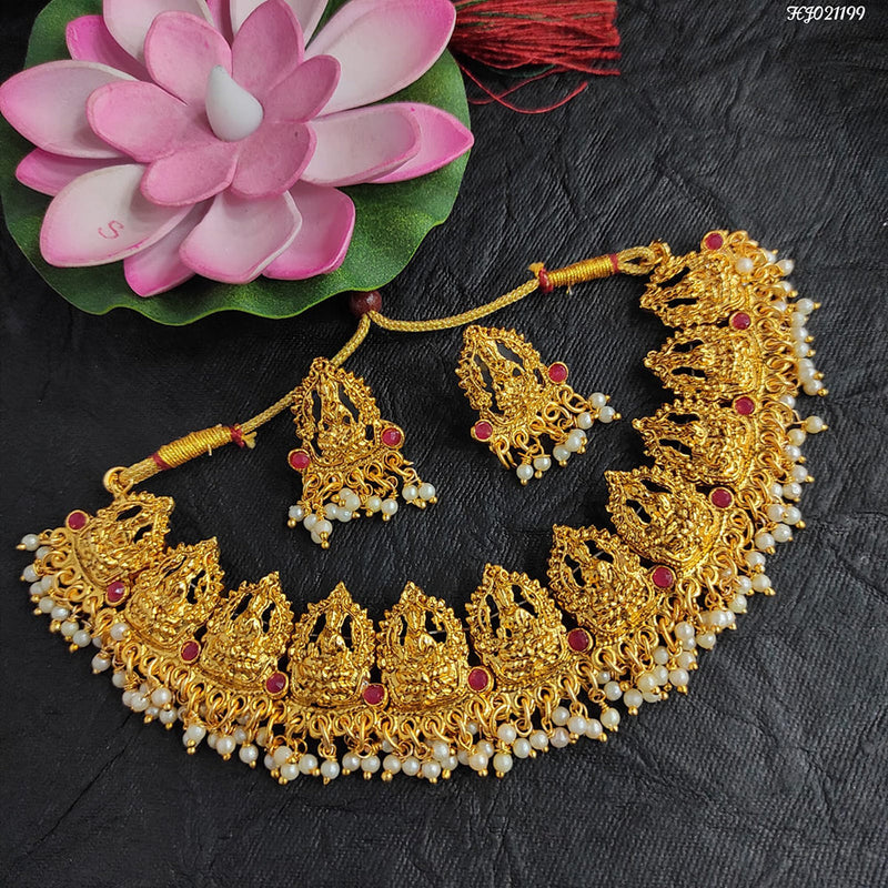 Raj Creations Gold Plated Pota Stone Temple Design Necklace Set