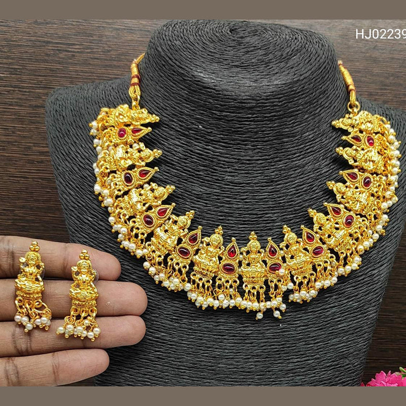 Raj Creations Gold Plated Kundan Stone Temple Design Necklace Set