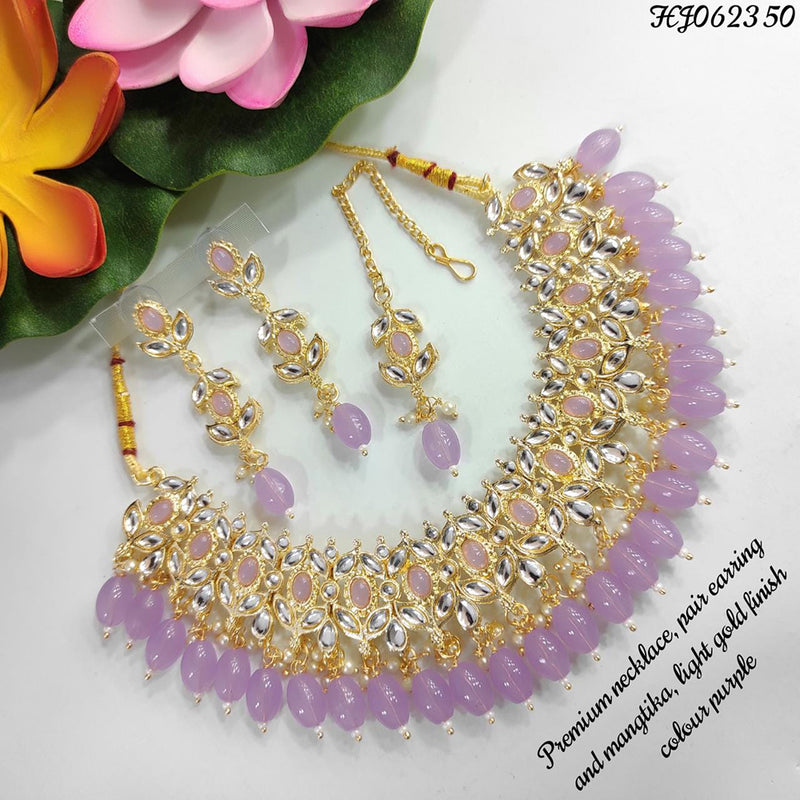 Raj Creations Gold Plated Crystal Stone & Beads Choker Necklace Set With Maangtikka