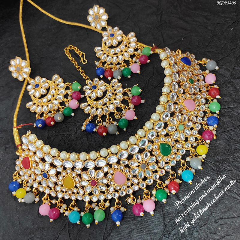 Raj Creations Gold Plated Crystal Stone & Beads Choker Necklace Set With Maangtikka