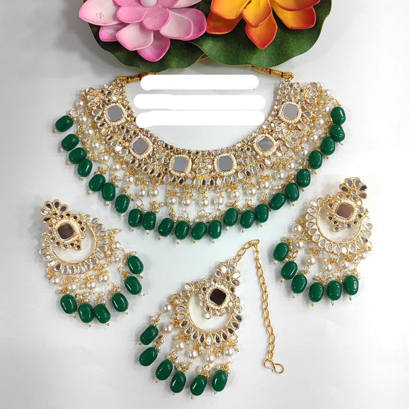 Raj Creations Gold Plated Mirror & Beads Choker Necklace Set With Maangtikka