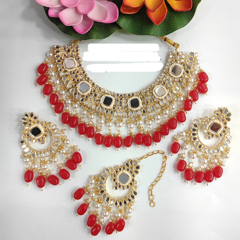 Raj Creations Gold Plated Mirror & Beads Choker Necklace Set With Maangtikka