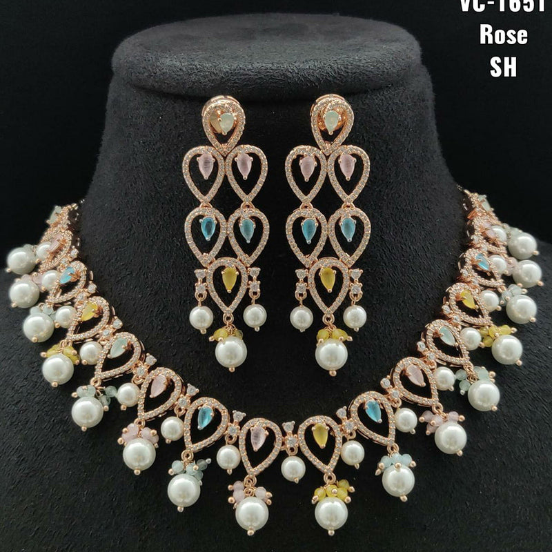 Vivah Creations Rose Gold Plated AD Stone Necklace Set