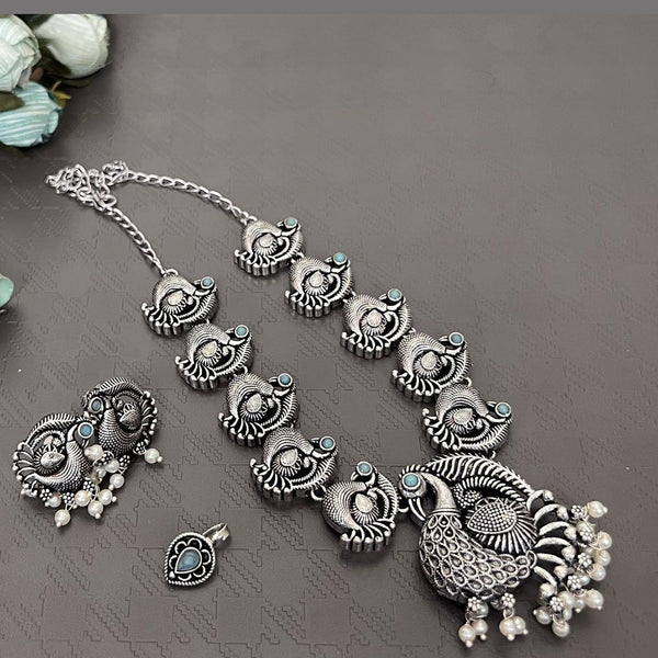 Akruti Collection Oxidised Plated Necklace Set With Nose Pin