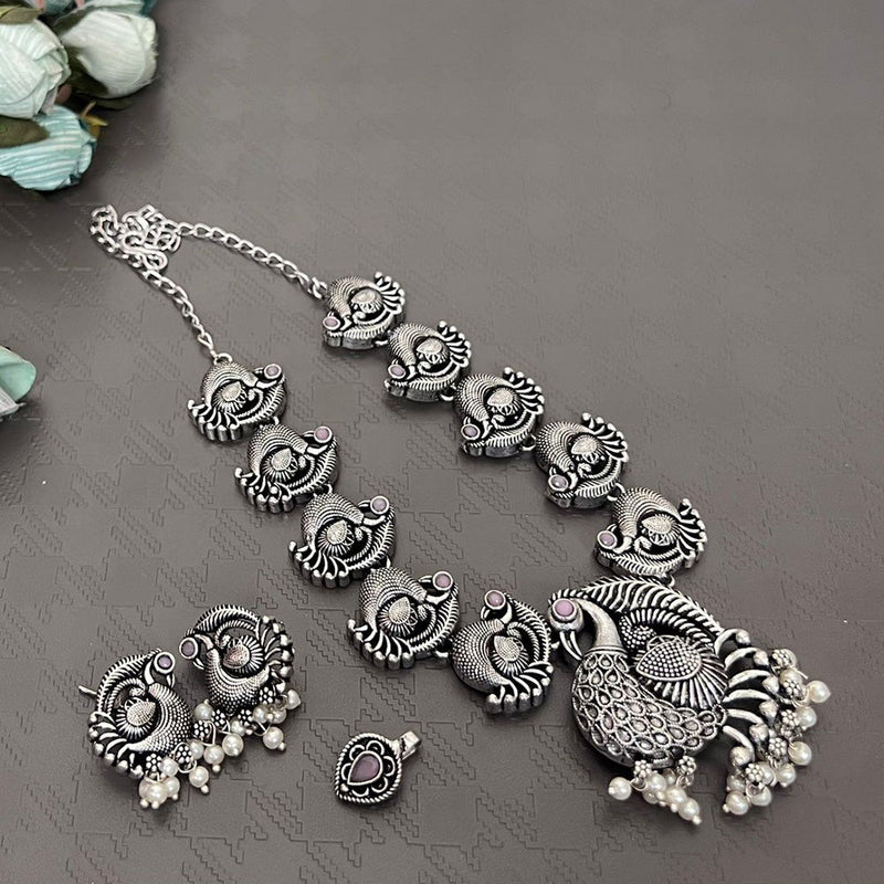 Akruti Collection Oxidised Plated Necklace Set With Nose Pin