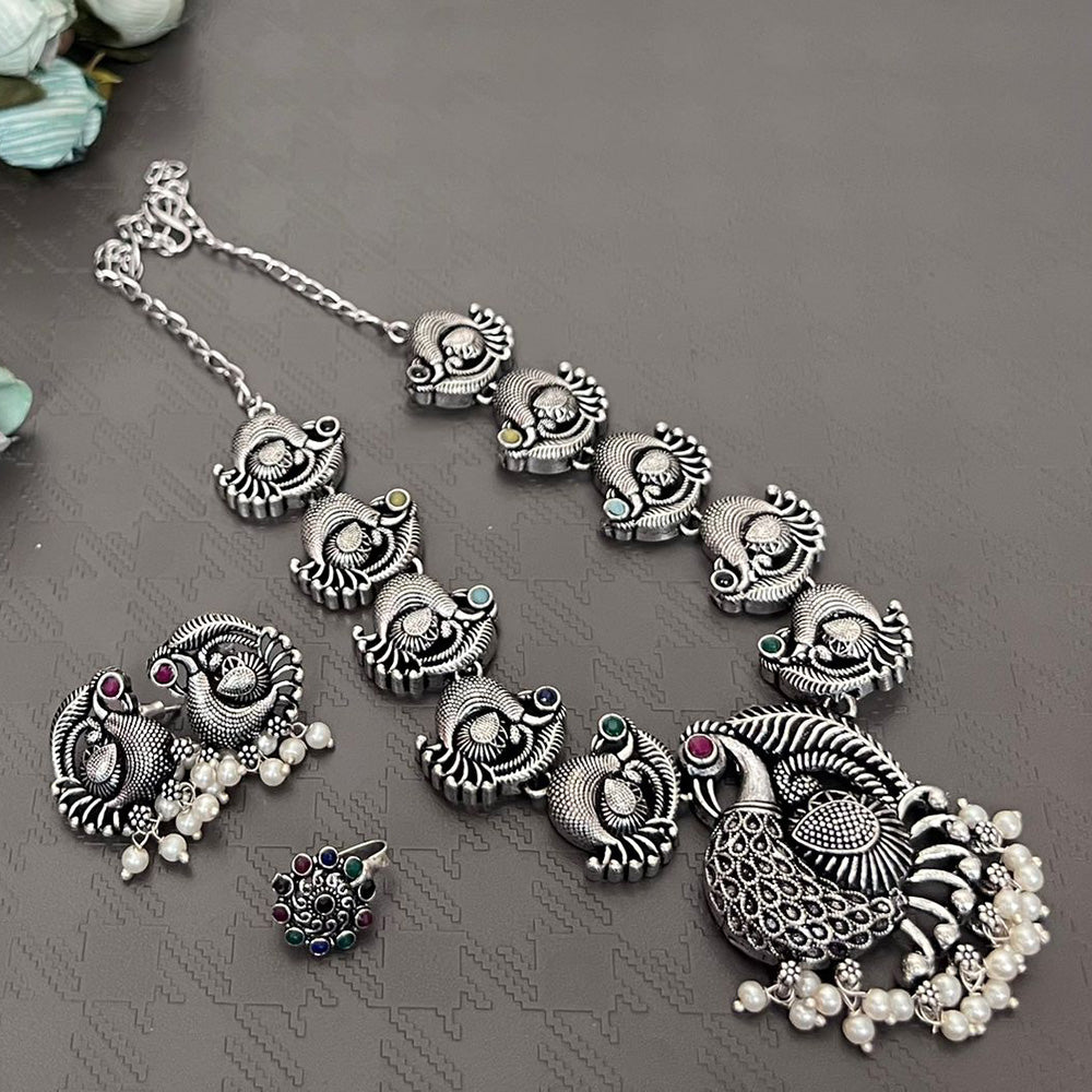 Akruti Collection Oxidised Plated Necklace Set With Nose Pin