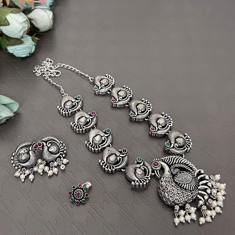 Akruti Collection Oxidised Plated Necklace Set With Nose Pin