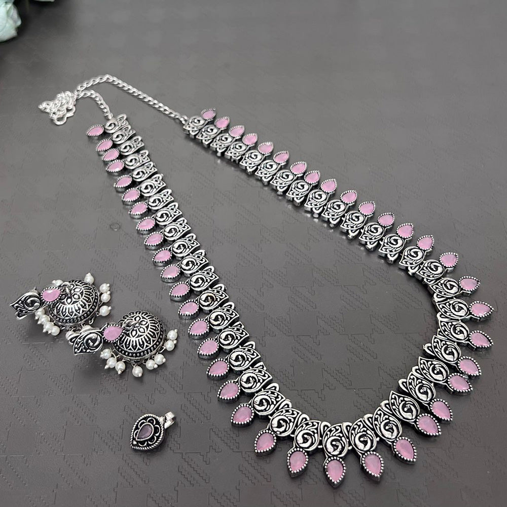 Akruti Collection Oxidised Plated Long Necklace Set With Nose Pin