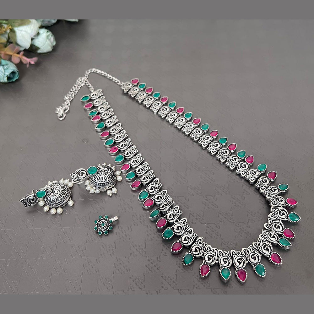 Akruti Collection Oxidised Plated Long Necklace Set With Nose Pin