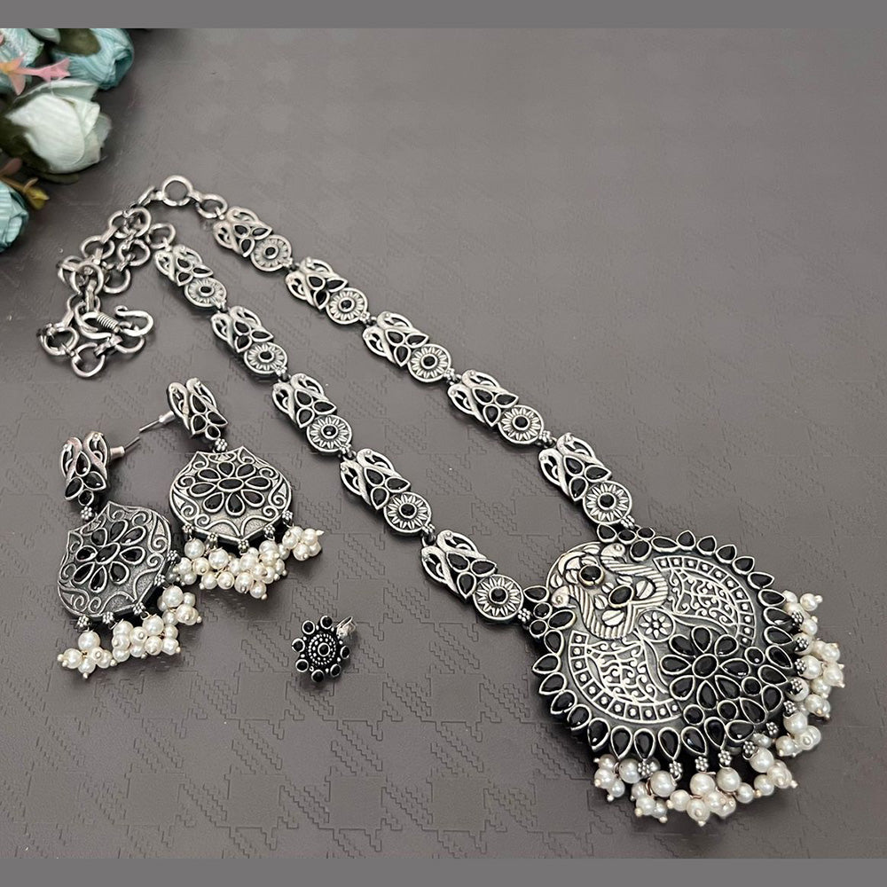 Akruti Collection Oxidised Plated Long Necklace Set With Nose Pin