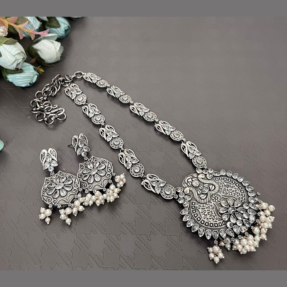 Akruti Collection Oxidised Plated Long Necklace Set With Nose Pin