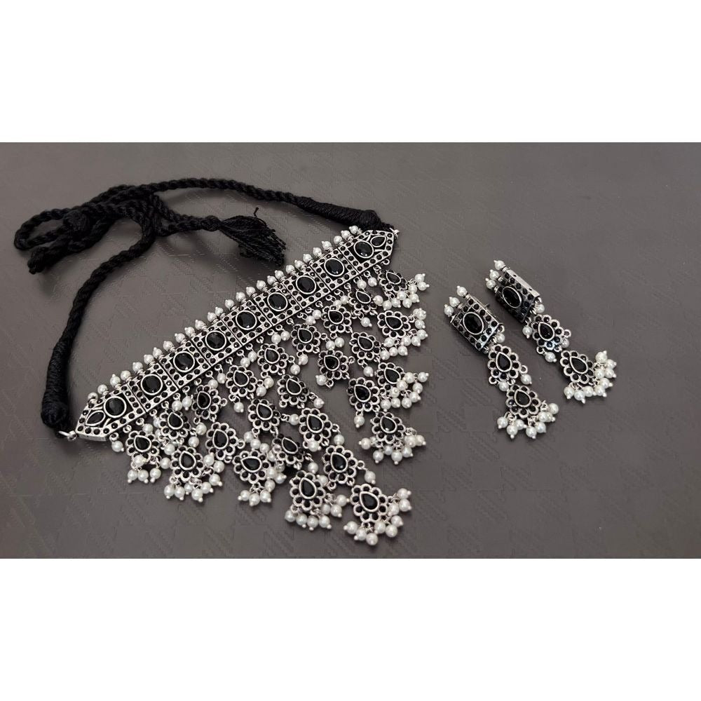 Akruti Collection Oxidised Plated Pota Stone Necklace Set