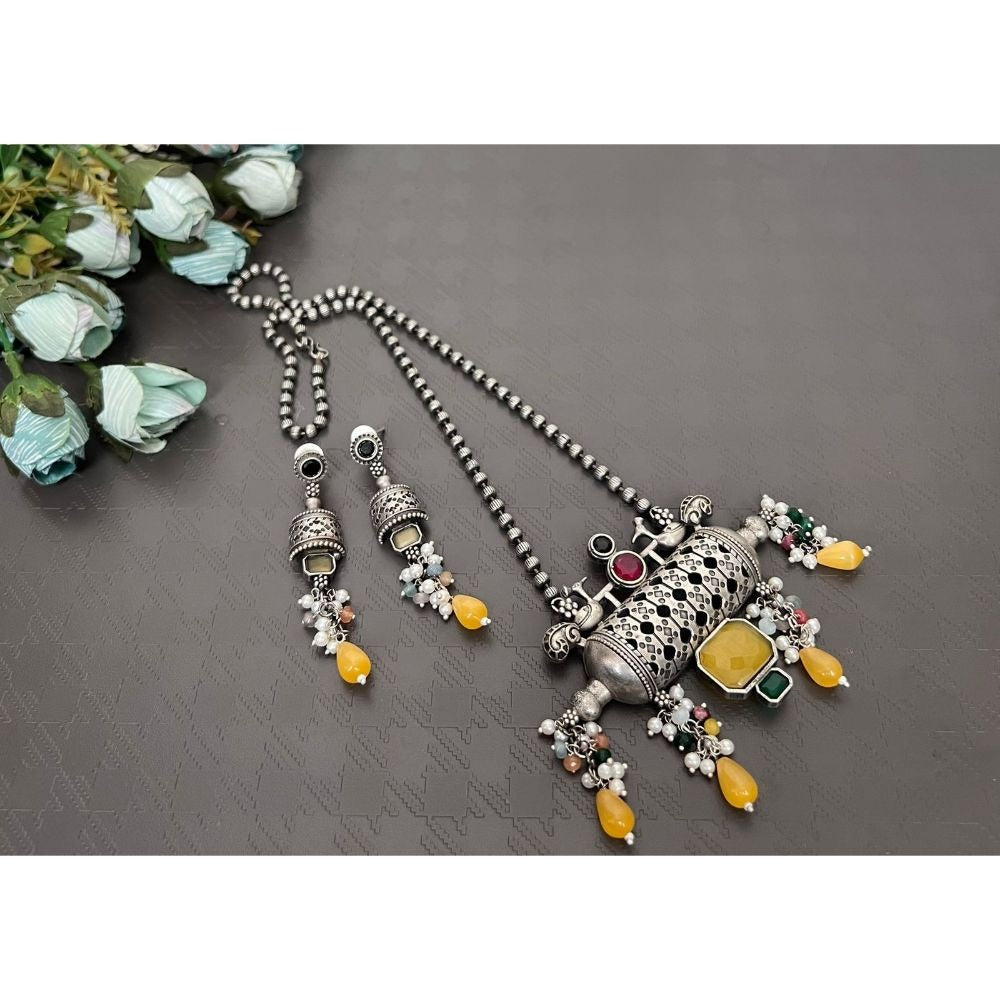 Akruti Collection Oxidised Plated Pota Stone Long Necklace Set