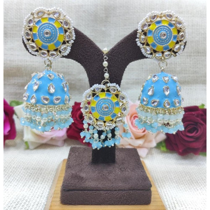 Akruti Collection Meenakari Jhumki Earrings With Maangtika