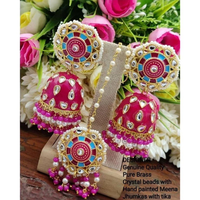 Akruti Collection Meenakari Jhumki Earrings With Maangtika