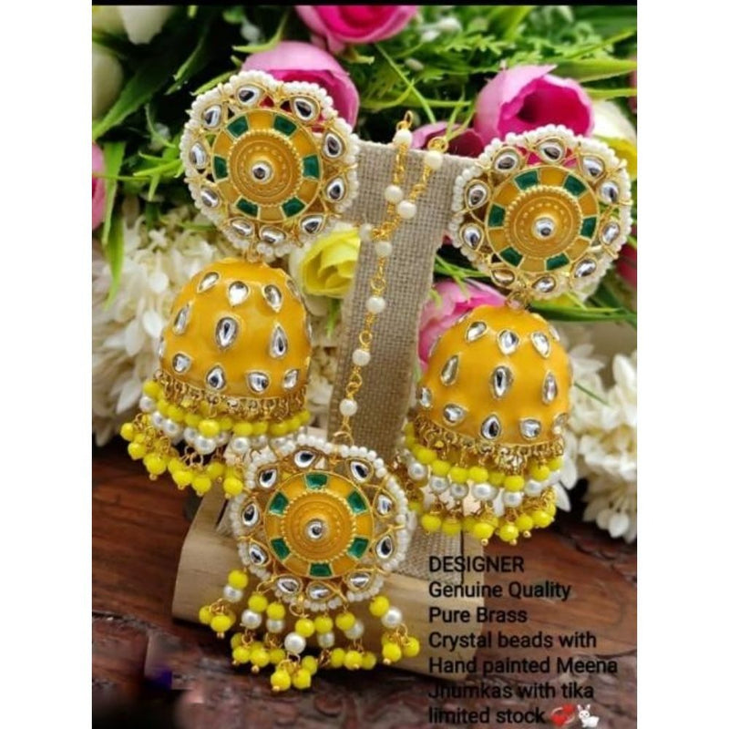 Akruti Collection Meenakari Jhumki Earrings With Maangtika