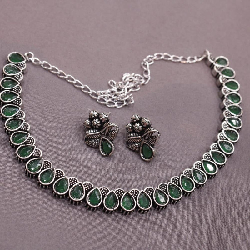 Akruti Collection Oxidised Plated Pota Stone Necklace Set