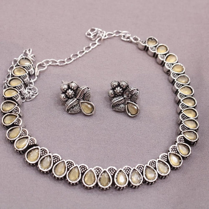 Akruti Collection Oxidised Plated Pota Stone Necklace Set