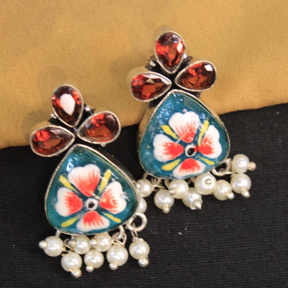 Akruti Collection Silver Hand Painted Multi Color Dangler Earrings