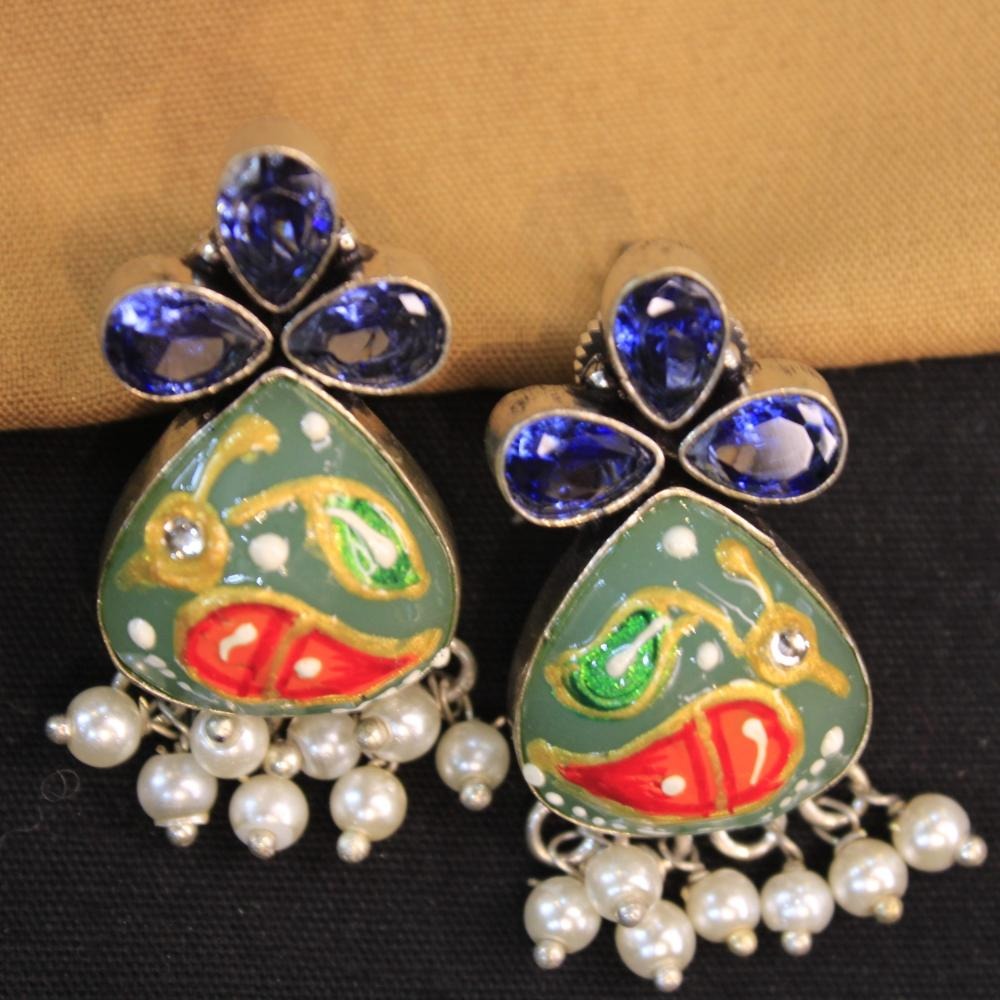 Akruti Collection Silver Hand Painted Multi Color Dangler Earrings