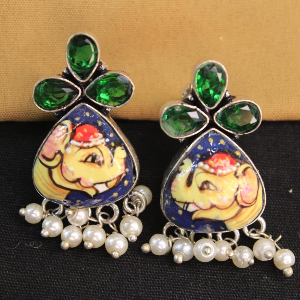 Akruti Collection Silver Hand Painted Multi Color Dangler Earrings