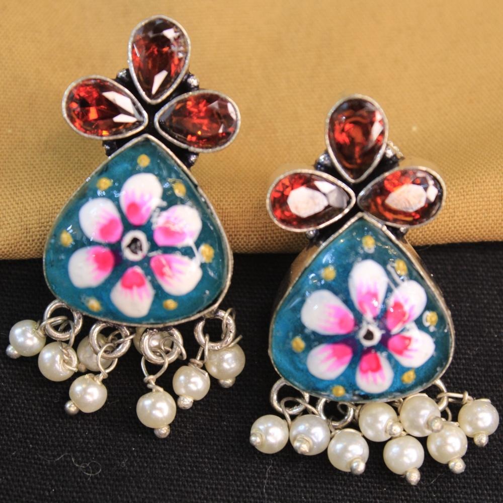 Akruti Collection Silver Hand Painted Multi Color Dangler Earrings