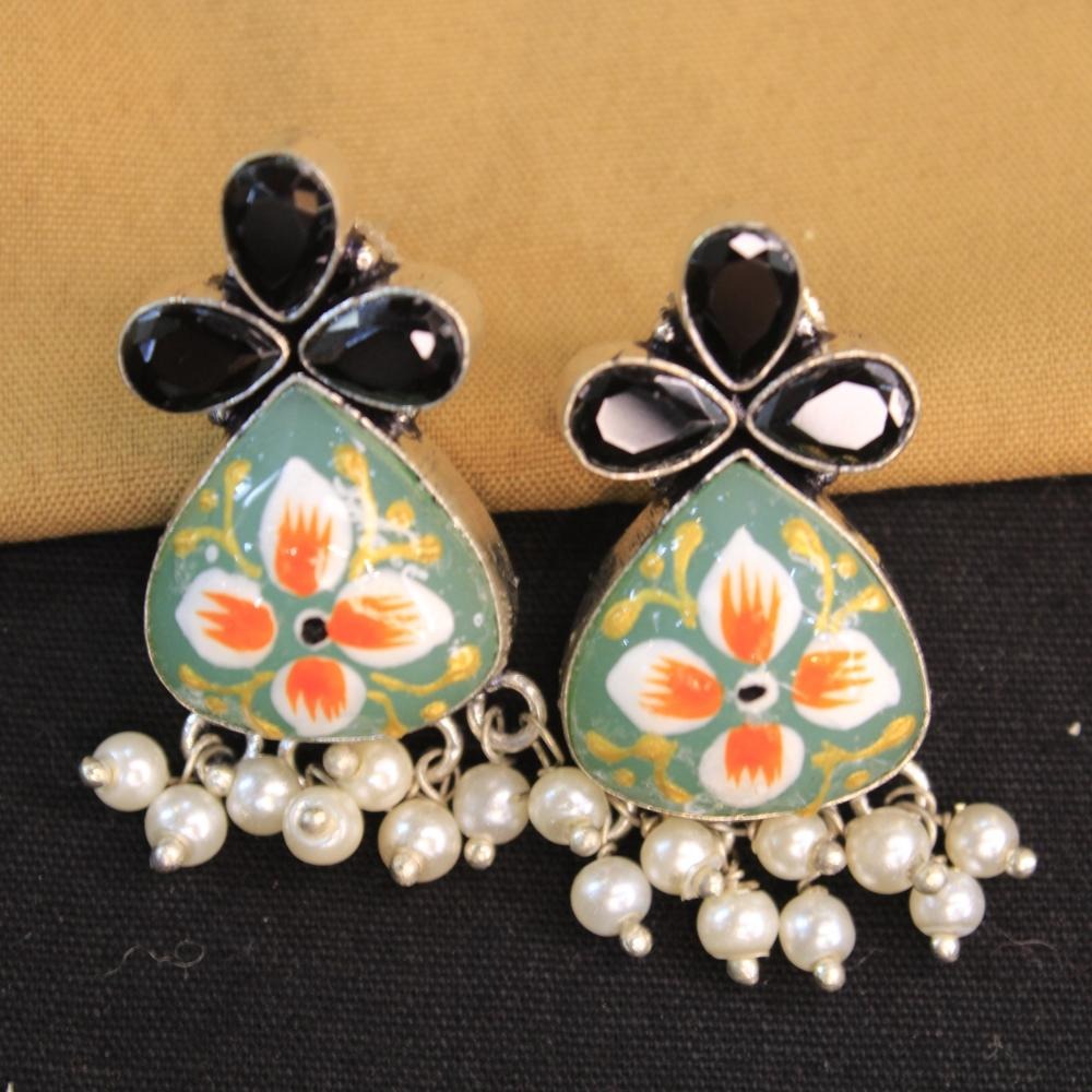 Akruti Collection Silver Hand Painted Multi Color Dangler Earrings