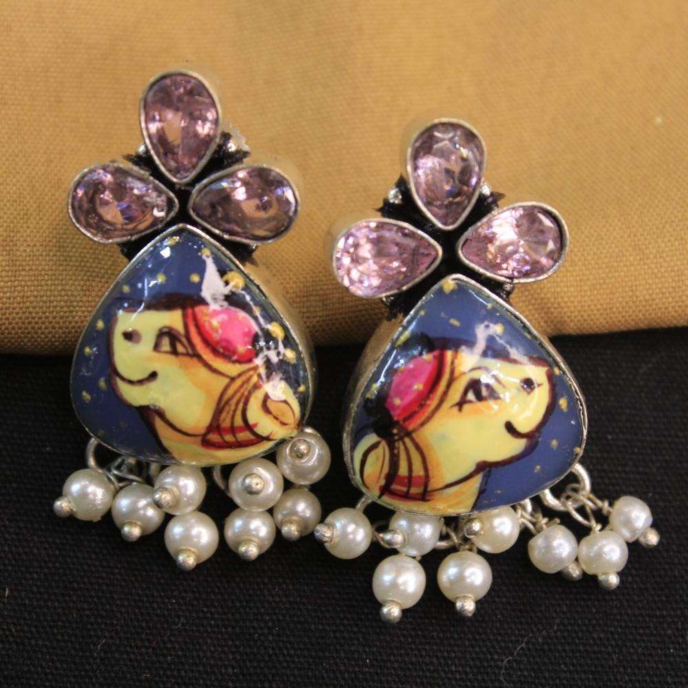 Akruti Collection Silver Hand Painted Multi Color Dangler Earrings