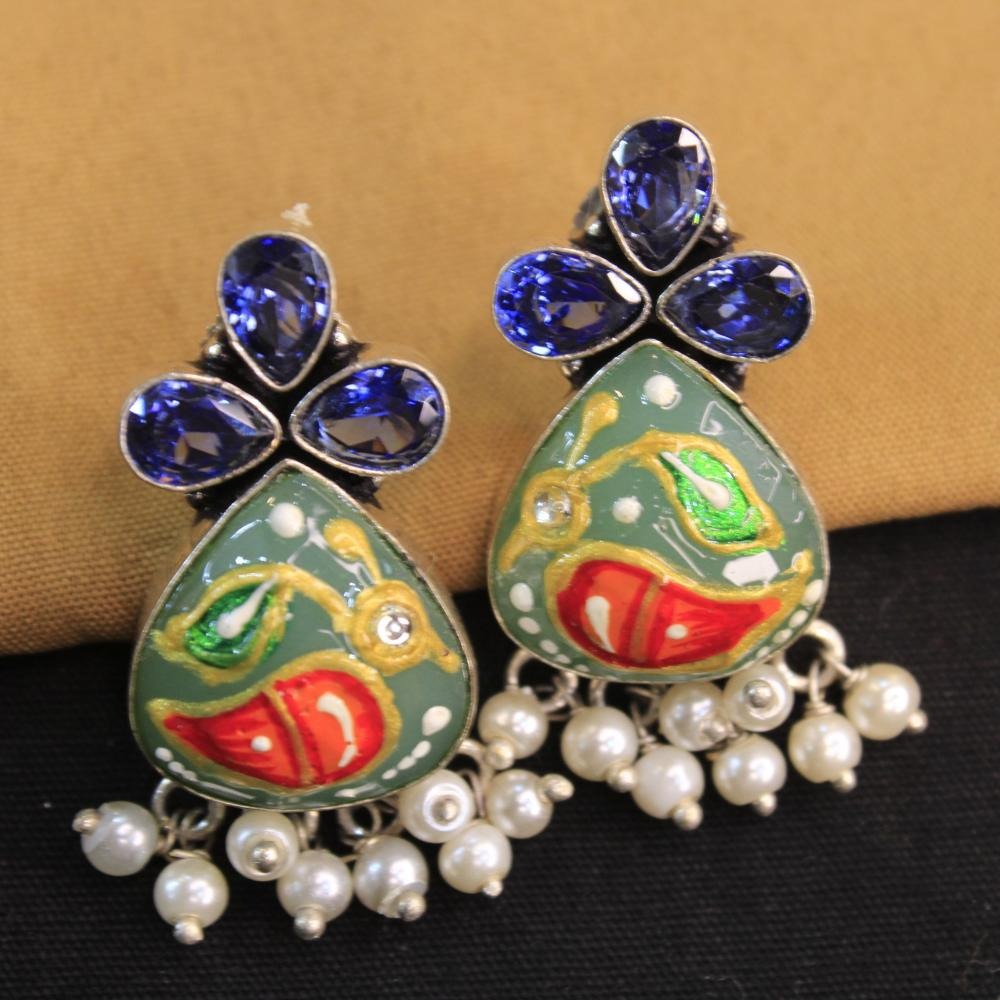 Akruti Collection Silver Hand Painted Multi Color Dangler Earrings