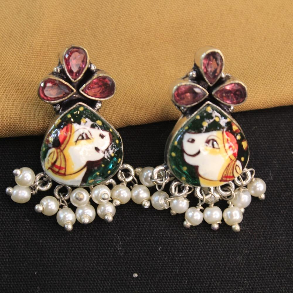 Akruti Collection Silver Hand Painted Multi Color Dangler Earrings