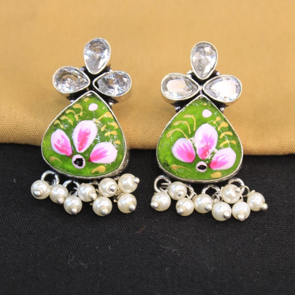 Akruti Collection Silver Hand Painted Multi Color Dangler Earrings