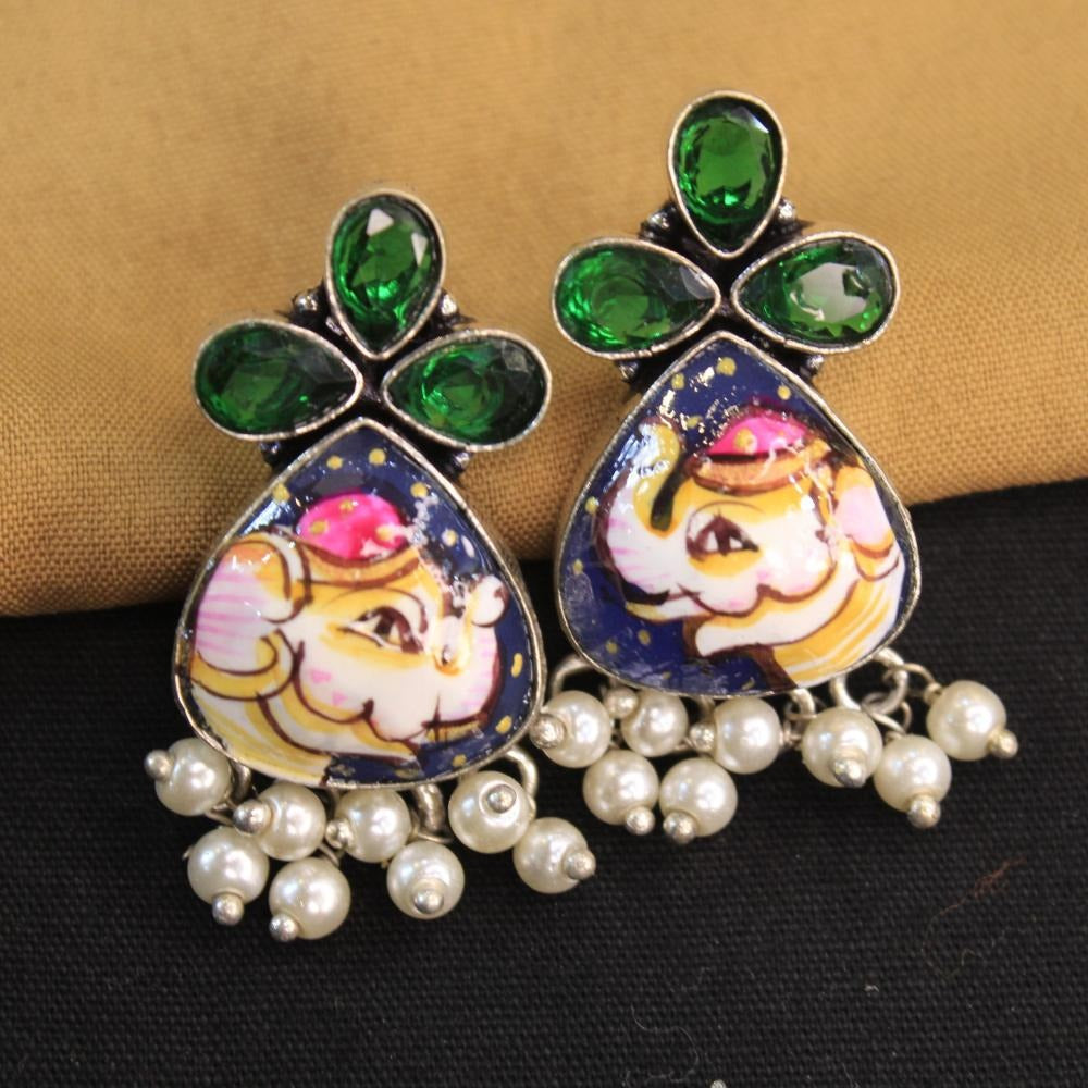 Akruti Collection Silver Hand Painted Multi Color Dangler Earrings