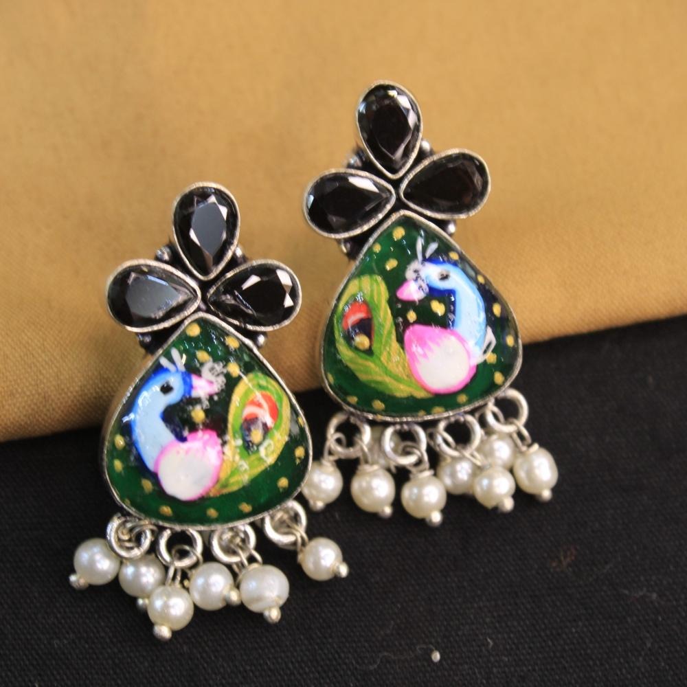 Akruti Collection Silver Hand Painted Multi Color Dangler Earrings