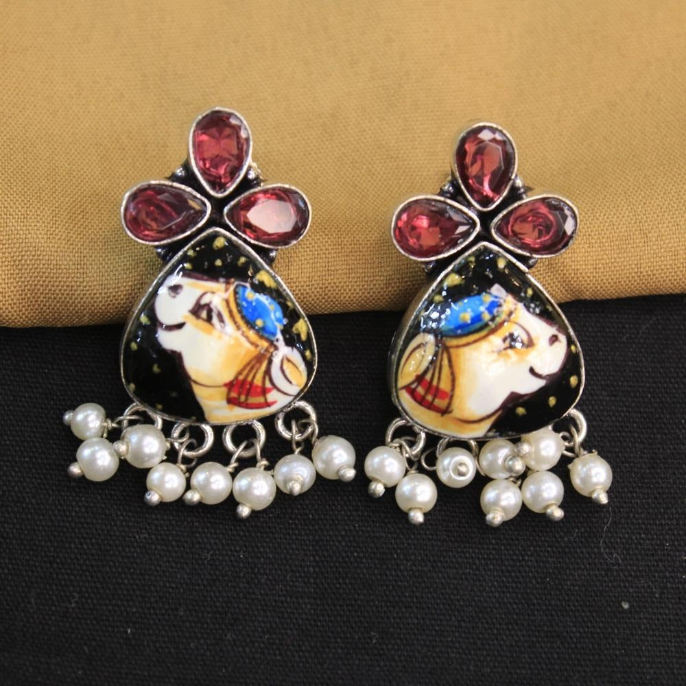 Akruti Collection Silver Hand Painted Multi Color Dangler Earrings