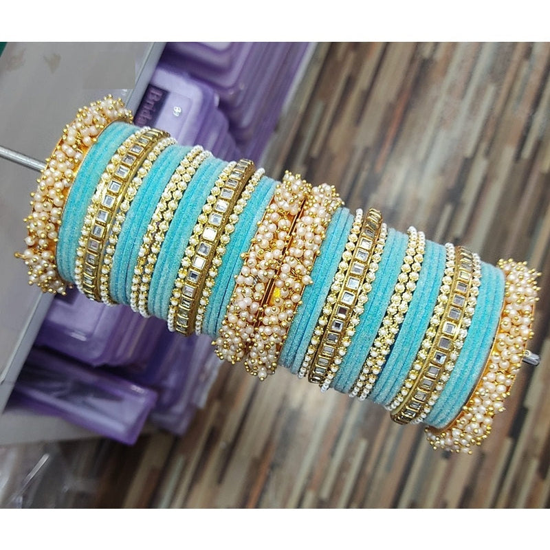 Akruti Collection Gold Plated Velvet And Pearl Bangles Set