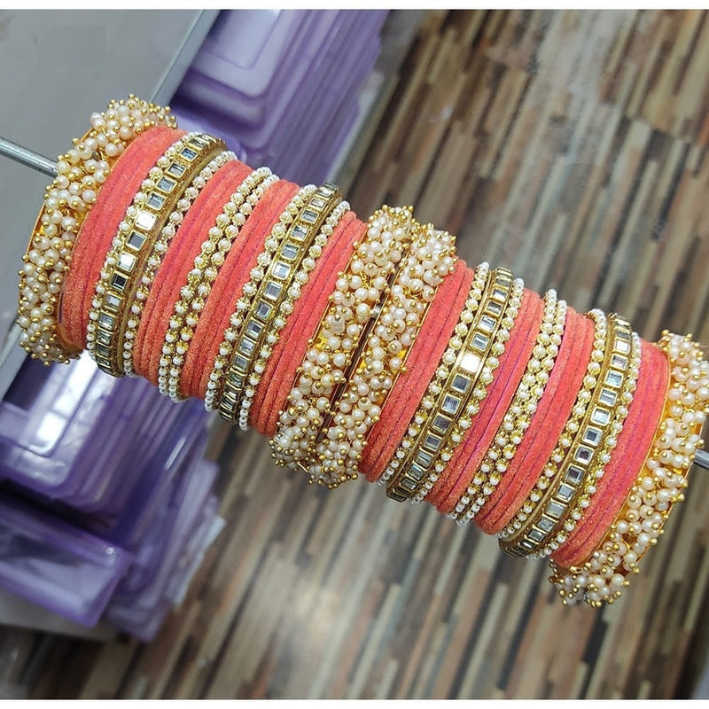 Akruti Collection Gold Plated Velvet And Pearl Bangles Set