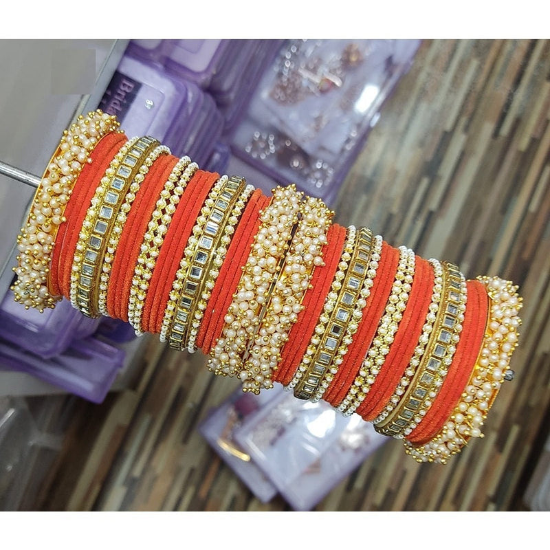 Akruti Collection Gold Plated Velvet And Pearl Bangles Set