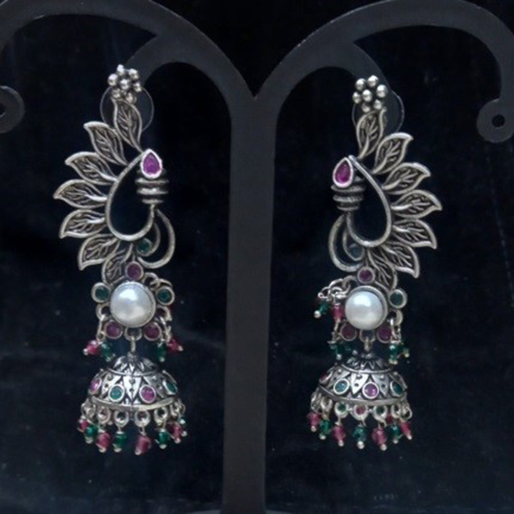 Infinity Jewels Oxidised Plated Pota Stone Jhumki Earrings