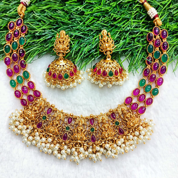 Shubham Creations Copper Gold Monalissa Stone Temple Necklace Set