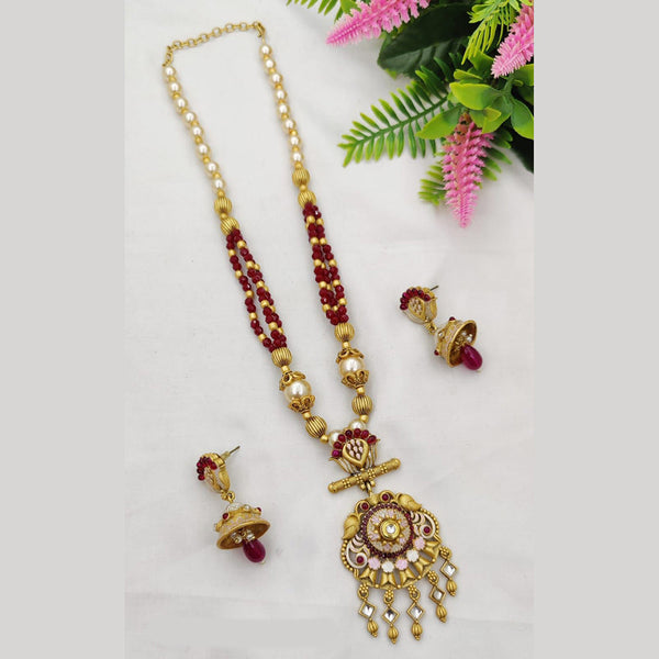 SP Jewellery Gold Plated Pota Stone And Pearl Long Necklace Set
