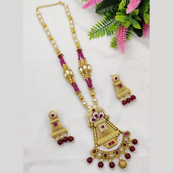 SP Jewellery Gold Plated Pota Stone And Pearl Long Necklace Set