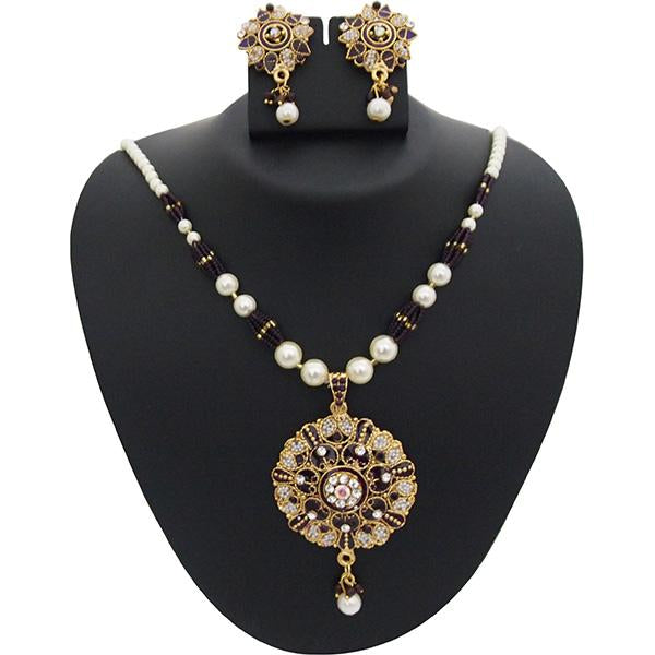 Kriaa Purple Meenakari Austrian Stone Pearl Pendant Set - 1200107