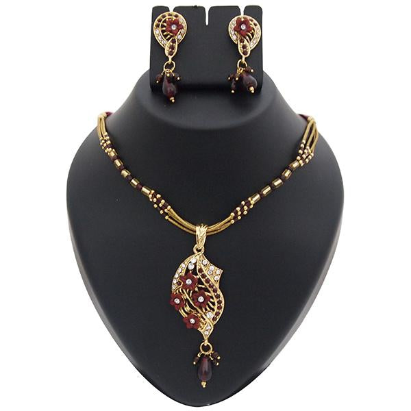 Kriaa Maroon Austrian Stone Floral Gold Plated Pendant Set - 1200115