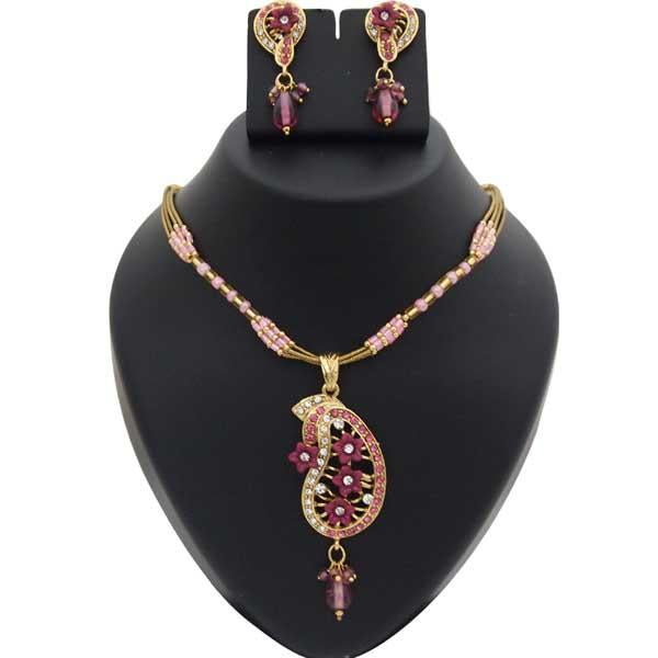 Kriaa Pink Austrian Stone Floral Gold Plated Pendant Set - 1200118