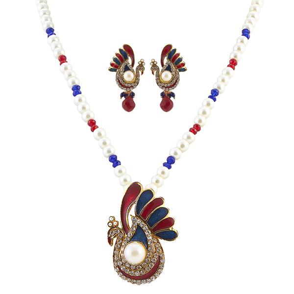 Apurva Red Austrian Stone Peacock Pearl Pendant Set - 1200130