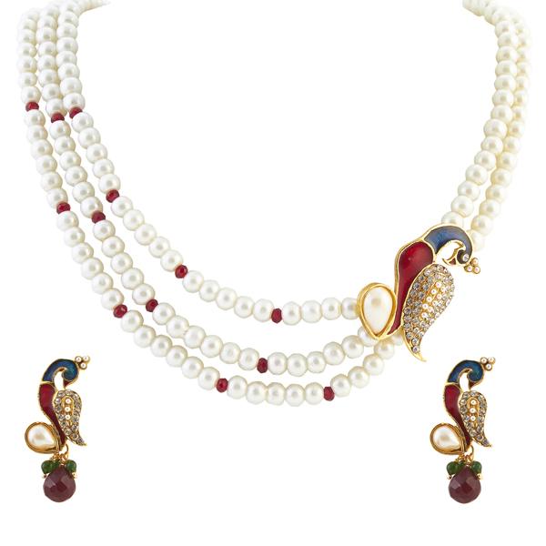 Apurva Red Austrian Stone Peacock Pearl Pendant Set - 1200131