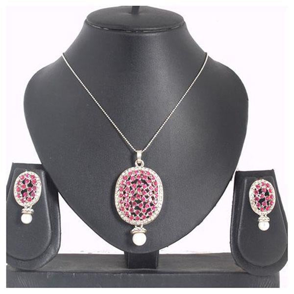 Kriaa Pink Austrian Stone Silver Plated Chain Pendant Set - 1200402