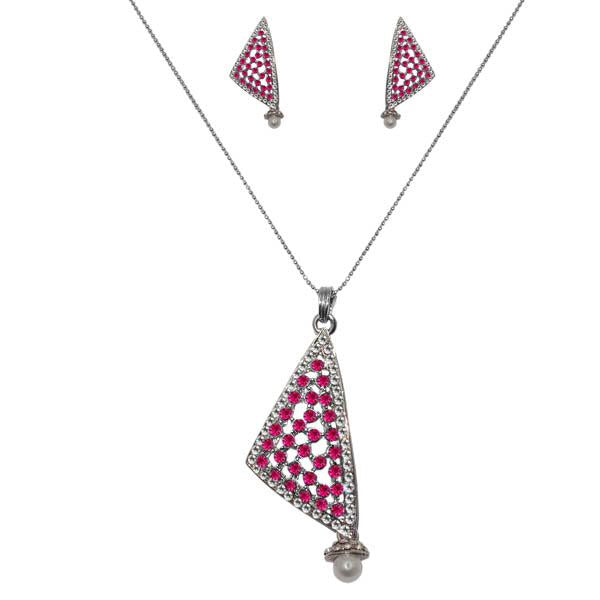 Kriaa Pink Austrian Stone Silver Plated Pendant Set - 1200421