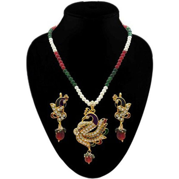 Kriaa Multi Austrian Stone Pearl Peacock Design Pendant Set - 1200501